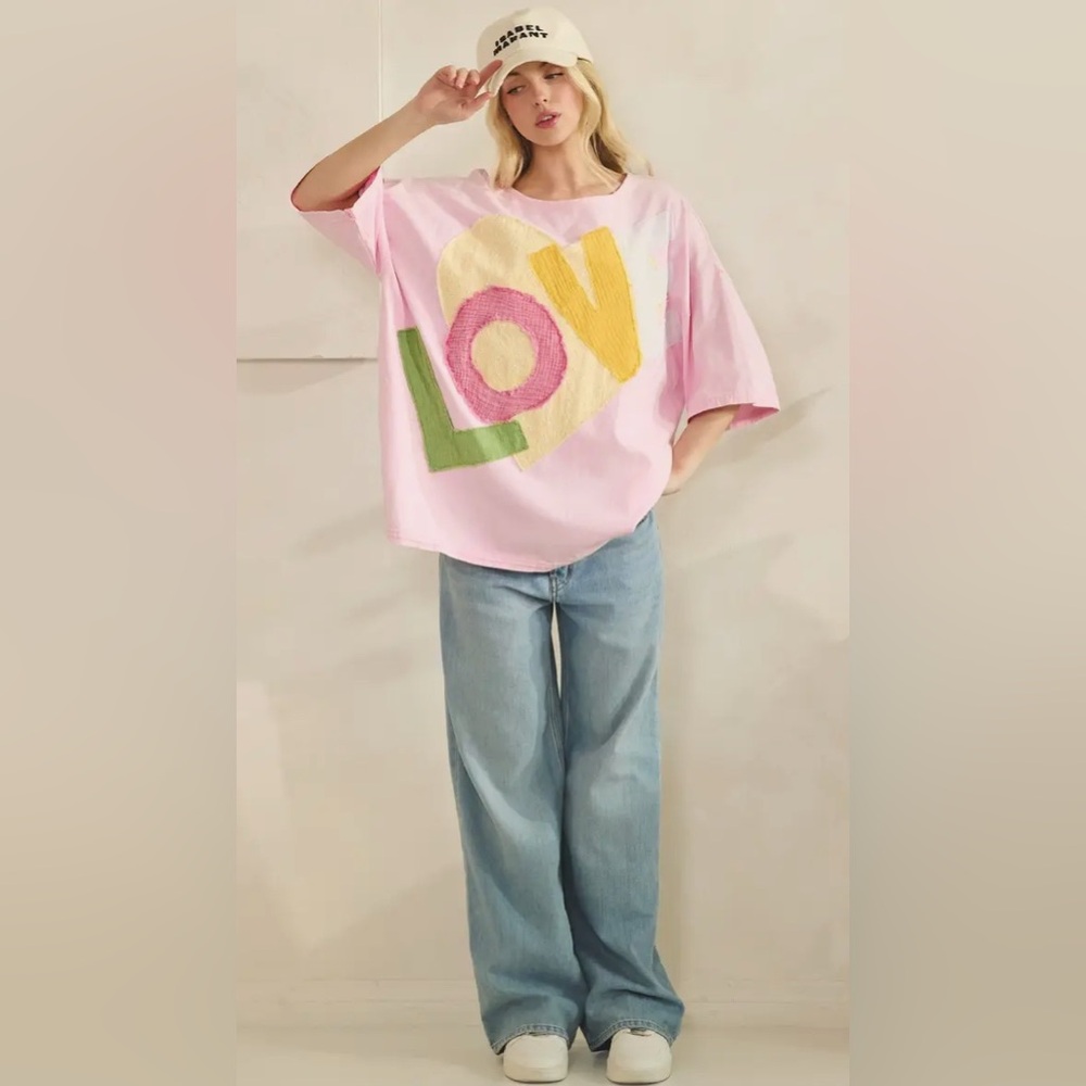Casual Pink LOv Colorblock Short Sleeve Tee - Picture 2 of 4